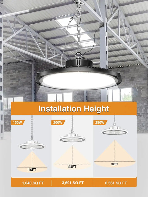 Killer Bright UFO High Bay Light 200W 5000K 30000LM hanging in warehouse with installation height chart