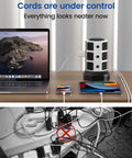 Tower Power Strip With Wireless Charging And Surge Protector, 13A 10 Outlets And 4 USB Ports, 6.5ft Extension Cord on desk