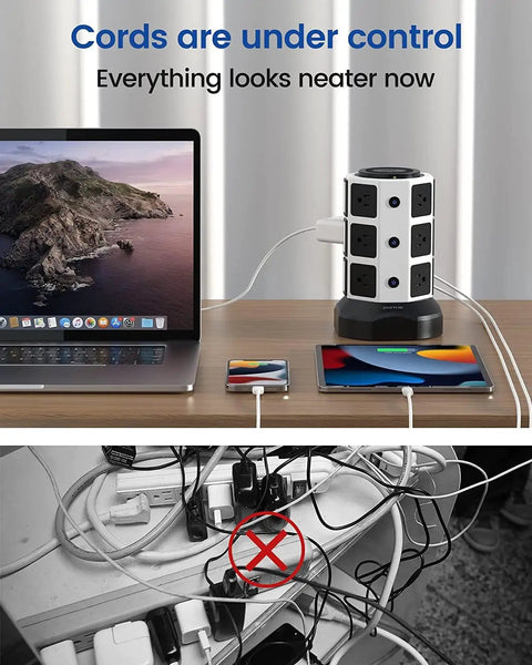 Tower Power Strip With Wireless Charging And Surge Protector, 13A 10 Outlets And 4 USB Ports, 6.5ft Extension Cord on desk