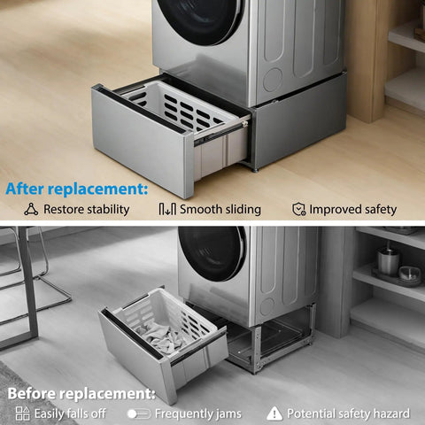 Replacement Left And Right Side Pedestal Drawer Slide Latch Kit directly installed on laundry pedestal for smooth operator functionality.