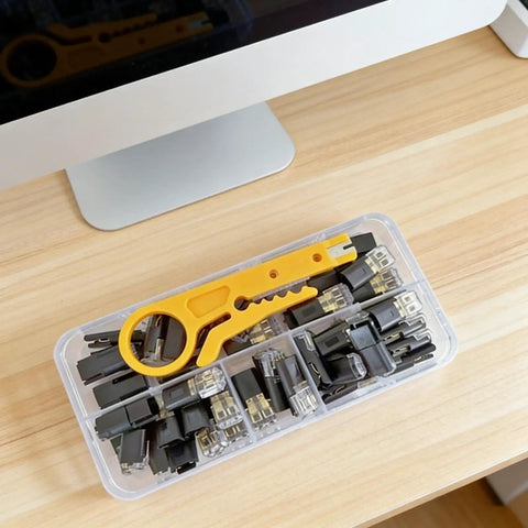 Box of 50 No Tools Needed Wire Connectors For Quick Splices Flame Retardant Electrical Connectors Pack with a wire stripping tool on a desk