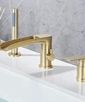 Brushed Gold Roman Tub Faucet Set With Deck Mount Three Hole Design And Handheld Shower Sprayer Waterfall Spout Valve Included Modern Bathroom Upgrade For Soaker Tubs with brushed gold finish.