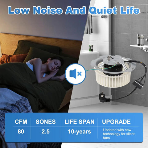 Upgraded 8832N 8832NA Blower Motor Replacement for Nutone Broan Bathroom Exhaust Fans, shown in bedroom and bathroom setting.
