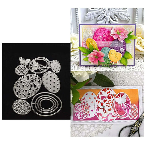 Seven Piece Easter Egg Die Cuts Set With Flower And Butterfly Frame Dies Stencils shown with finished cards for scrapbooking