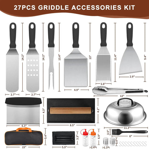 Blackstone Griddle Accessories Kit 27Pcs with spatulas, scraper, grill press, basting cover, tongs, shown with size in inches