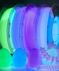 Glow In The Dark Multicolor Fast Change 3D Printer PLA Filament Bundle with green, blue, purple glitter colors and UV reactive printing