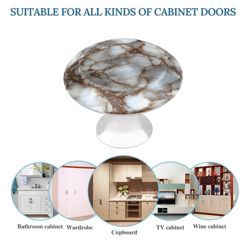 Rock Solid White And Brown Marble Pattern Round Cabinet Knobs With Screws Drawer Pulls And Handles Set Of Two on a clear base.