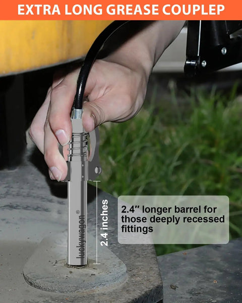 Hand holding extra long grease gun coupler for tight spots with two point four inch nozzle high pressure 10000 PSI quick lock release