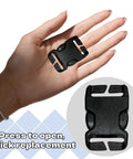Notched Quick Release Buckle Set 8 Pack No Sew Bag Clips shown in hand, black plastic, for backpacks, straps, outdoor gear repair.