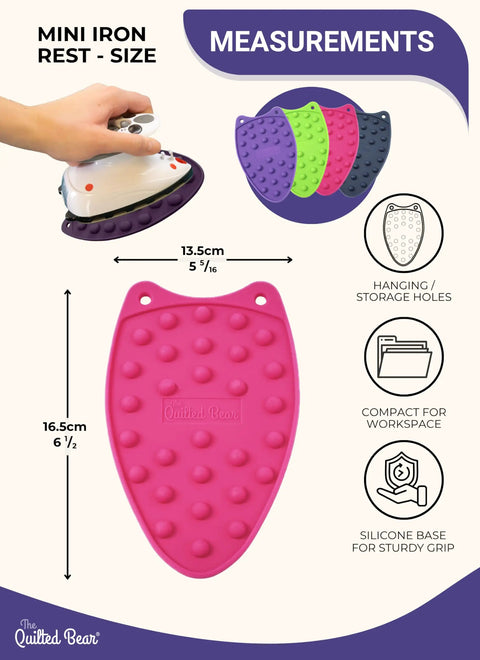 Mini Iron Rest Silicone Heat Resistant Mat size comparison illustration with various color options and measurements visible.
