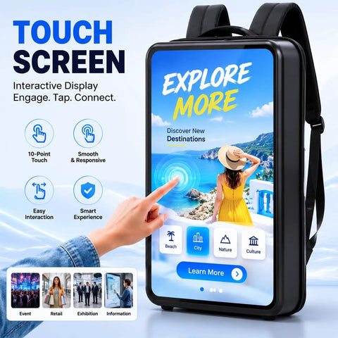 Rock Solid 21.5 Inch Touch Screen Led Advertising Backpack With Android Os And Hella Bright Ip65 Waterproof Display for engagement.