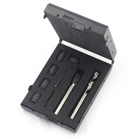 Heavy Duty Three Eighths Inch Sheet Metal Spot Weld Cutter Kit For Auto Body Work in open black case with drill bits and cutter heads