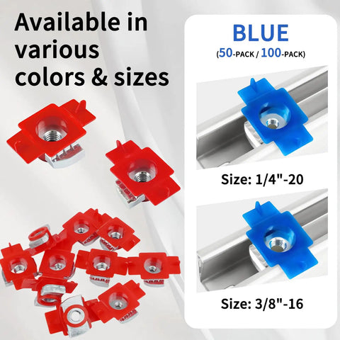 Red Galvanized 1/4 20 Unistrut Channel Squeeze Nuts With Twist Tab Smooth Glide 100 Pack shown with sizes 1/4-20 and 3/8-16.