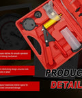 Backyard Mechanic Handheld Vacuum Pump Brake Bleeder Kit With Live Pressure Tester And Universal Gauge Adapters, tools organized in red storage case.