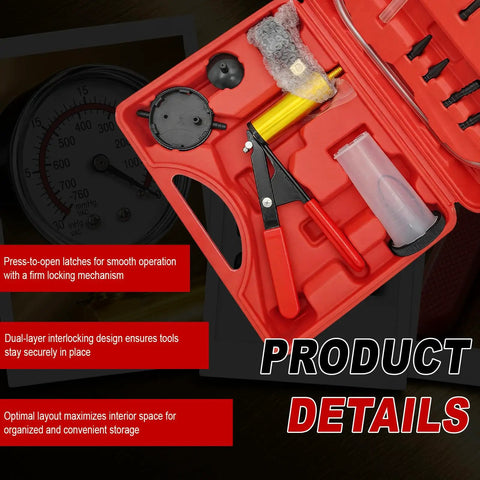 Backyard Mechanic Handheld Vacuum Pump Brake Bleeder Kit With Live Pressure Tester And Universal Gauge Adapters, tools organized in red storage case.