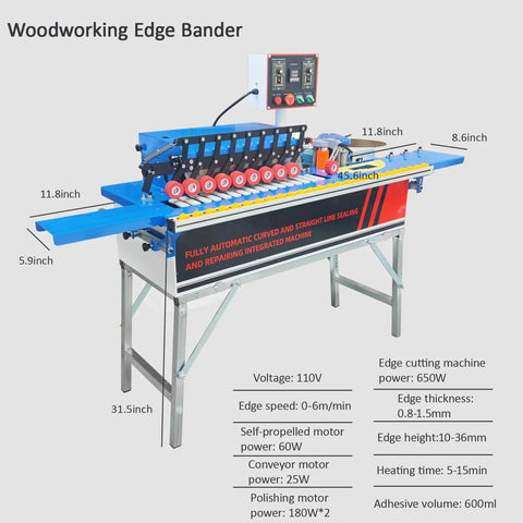 Knockout Automatic Woodworking Edge Bander For Curved And Straight Boards Dual Hot Melt Glue Adjustable Speed Auto Tape Break 110V machine with specifications.