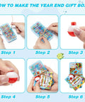 Six-step guide showing assembly of Awesome Fishing Theme End Of Year Gift Set with tackle boxes, bobbers, and blessing cards.