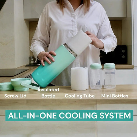 Portable 22oz Stainless Steel Breast Milk Cooler Bottle Keeps Pumped Stash Ice Cold For Up To Twenty Four Hours Goes Hard For Moms On The Go All Day Long with cooling tube and storage bottles.