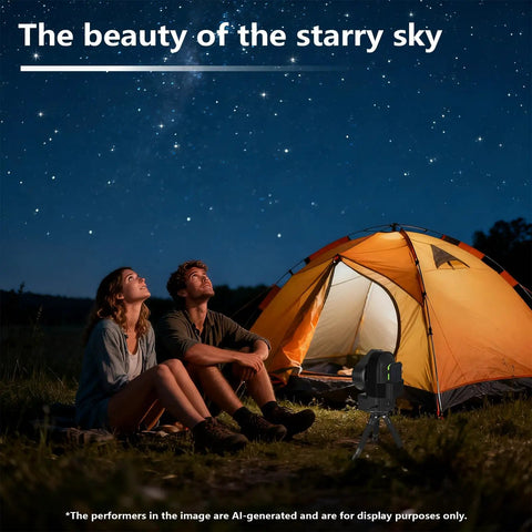 Couple stargazing with Seestar S50 telescope using Ultra Stable Power Bank Mount For Seestar S50 Telescope with tent at night.