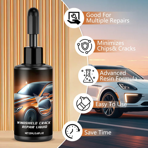DIY Windshield Crack Repair Kit With Glass Repair Liquid bottle beside car graphic and repair benefits icons