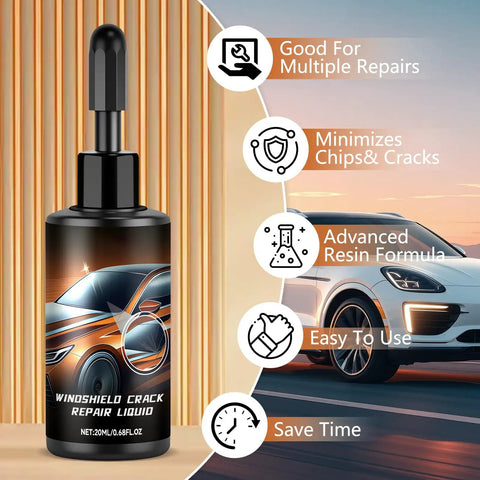 Windshield Chip And Crack Repair Kit 2 Set With Quick Glass Repair Fluid bottle and car illustration.