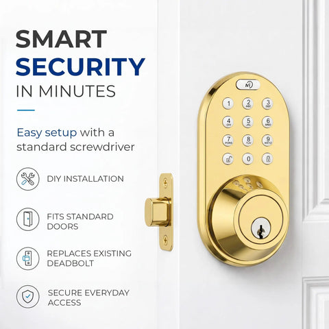 No Sweat Smart Keypad Deadbolt With Top Shelf Polished Brass Finish And One Touch Locking Stores Fifteen Custom Codes Smooth Digital Entry Rock Solid Front Door Security Upgrade