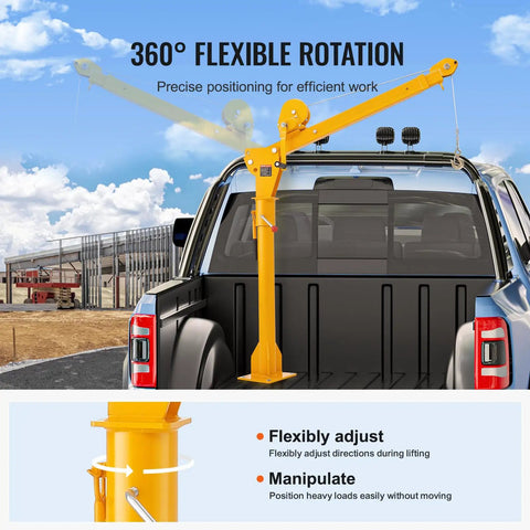 Pickup Truck Bed Crane With 1100 Lb Manual Winch Folding Jib Hoist Steel Construction 360 Degree Swivel Workhorse Mountable Truck Crane For Lifting Heavy Goods On Job Sites Easy Setup And Durable Build installed on truck bed, highlighting flexible rotation feature.