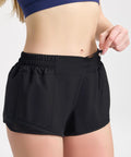 Close-up of Women's Running Shorts With Zip Pocket And Built In Liner showing the adjustable drawstring and lightweight fabric.