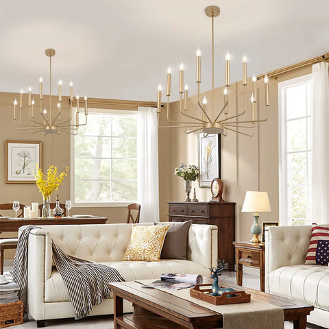 Living room with Modern Gold Farmhouse 12 Light Chandelier Industrial Metal Pendant Lighting With Candle Style Bulbs