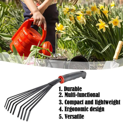 13 Inch Stainless Steel Handheld Shrub Rake With Nine Claws For Soil Loosening, Weeding, Planting And Weed Removal In Small Gardens