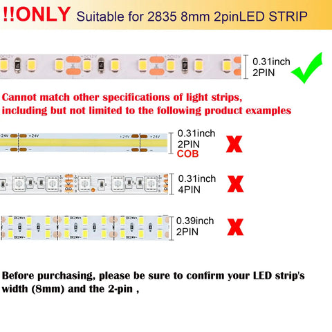 2Pin 8mm LED Strip Connector Kit With Right Angle Corner, T Shape And Gapless Connector For Flexible SMD2835 Tape Lights, Includes Strip Jumper Wires, Compatible With 3528 2835 Single Color LED Strips, Not COB, Supports Up To 3A 24V compatibility chart