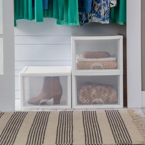 Eight Pack 27 Quart Stacking Drawers For Closet Storage With Clear Front And Sides And White Frame Modular Plastic Organizer