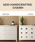 Before and after of dresser with Set Of 12 Multicolor Ceramic Knobs Hand Painted For Cabinets, Furniture, Doors And Drawers.