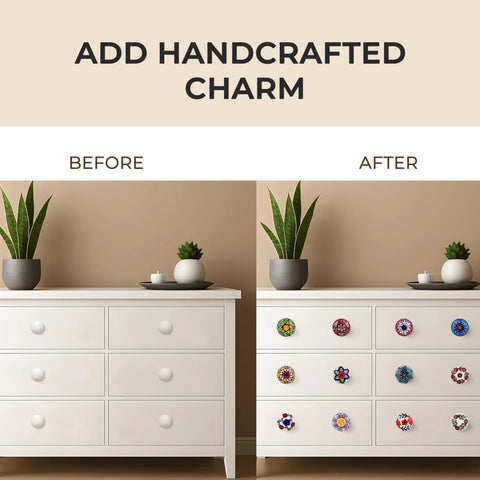 Before and after of dresser with Set Of 12 Multicolor Ceramic Knobs Hand Painted For Cabinets, Furniture, Doors And Drawers.