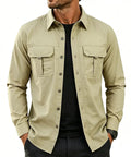 Toolbox Tested Custom Long Sleeve Work Shirt For Men Quick Dry Button Up Mechanic Uniform Personalized Utility Top Heavy Duty Green Wicking Fabric For The Daily Grind, beige color with two chest pockets.