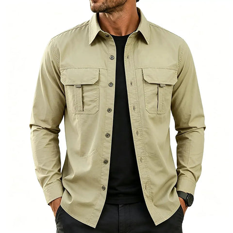 Toolbox Tested Custom Long Sleeve Work Shirt For Men Quick Dry Button Up Mechanic Uniform Personalized Utility Top Heavy Duty Green Wicking Fabric For The Daily Grind, beige color with two chest pockets.