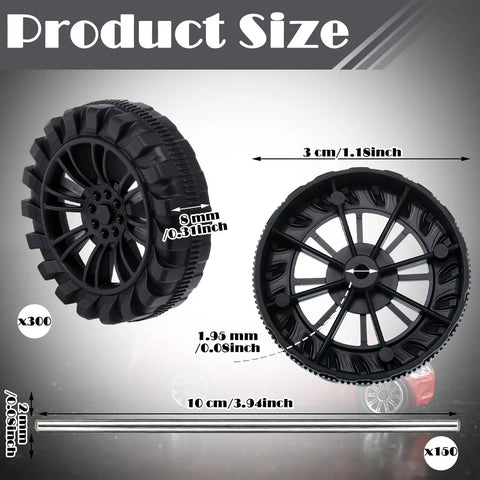 Bulk Pack Of 300 Mini Plastic Model Wheels With 2mm Holes And 150 100mm Metal Axle Rods For Model Cars, Trucks, Robots, DIY