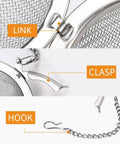 Close-up of Two Pack 2.1 Inch Stainless Steel Mesh Tea Ball Infuser showing link, clasp, and hook details for loose leaf brewing.