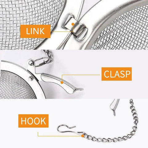 Close-up of Two Pack 2.1 Inch Stainless Steel Mesh Tea Ball Infuser showing link, clasp, and hook details for loose leaf brewing.