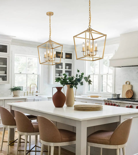 Built Tough Industrial Four Light Chandelier With Killer Gold Lantern Pendant And Rustic Metal Cage above kitchen island.