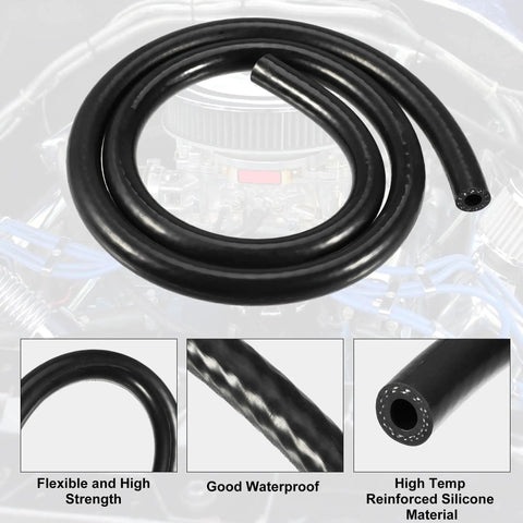 Silicone Vacuum Tubing Hose 8mm Inner Diameter 3.28ft Length For Automotive Vacuum Lines Turbochargers And Air Intake Water Compatible Black Hose High Temp Durability Flexible coiled with text descriptors.
