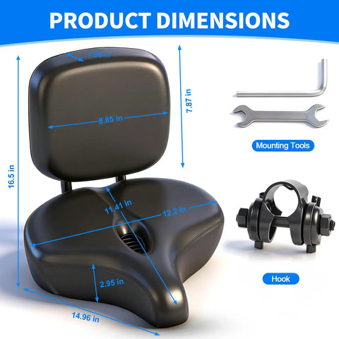 Extra Wide Bike Seat For Men And Women Cozy Cushioned Saddle with Breathable Hollow Design and Shock Absorption, product dimensions shown.