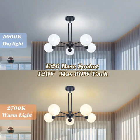 Matte Black 5 Light Globe Sputnik Chandelier For Dining Room Kitchen Living Room And Bedroom Semi Flush Mount day and warm light