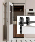 Bi Fold Barn Door Hardware Kit For Two Doors With Low Ceiling Roller System Lite Version Fits 24 Inch Bifold Doors Installed in Kitchen