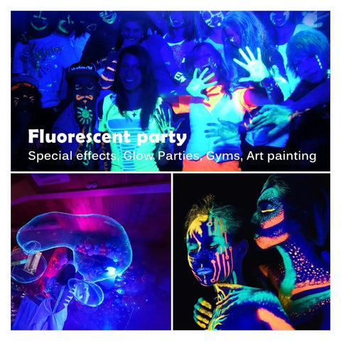 JUDYSSY Led Uv Floodlight 220 50W 100W 150W Halloween Party Flood Lights 395Nm 400Nm Ip66 Waterproof Ultraviolet Stage Lamp for Court,Garden,Warehousewith EU Plu，， at a fluorescent glow party.