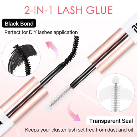 2-in-1 Lash Glue with Black Bond and Transparent Seal for DIY application, featuring brush applicators