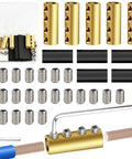 Five Piece Four Hole 6 AWG 80A Brass Wire Splice Connectors Kit with accessories and brass terminals.