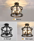 2-Pack Semi Flush Mount Ceiling Light Fixture Farmhouse Matte Black Metal With Open Drum Shade, turned on and off view