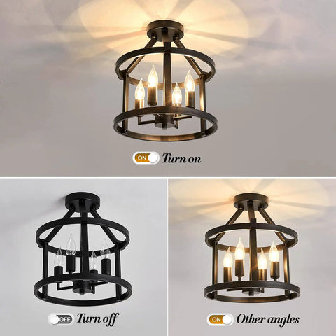 2-Pack Semi Flush Mount Ceiling Light Fixture Farmhouse Matte Black Metal With Open Drum Shade, turned on and off view
