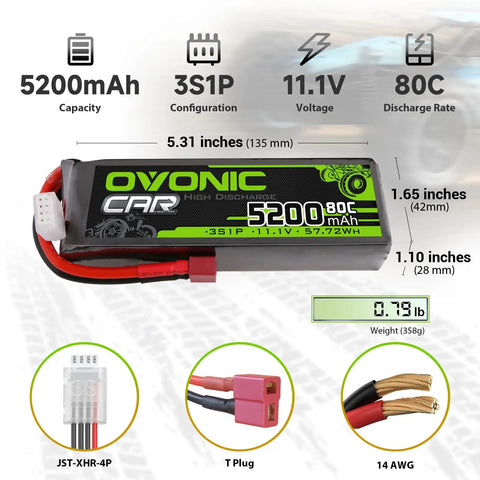 Beefy 5200mAh 11V 80C 3S RC LiPo Battery With T Connector dimensions and specifications overview